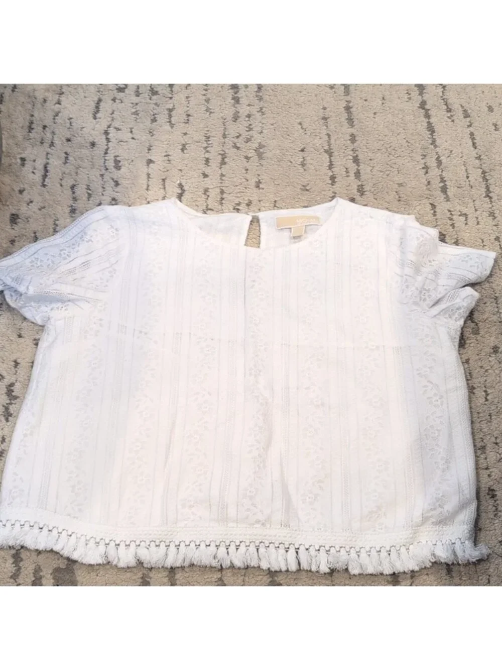 Michael Kors White Eyelit Fringe Short Sleeve Shirt